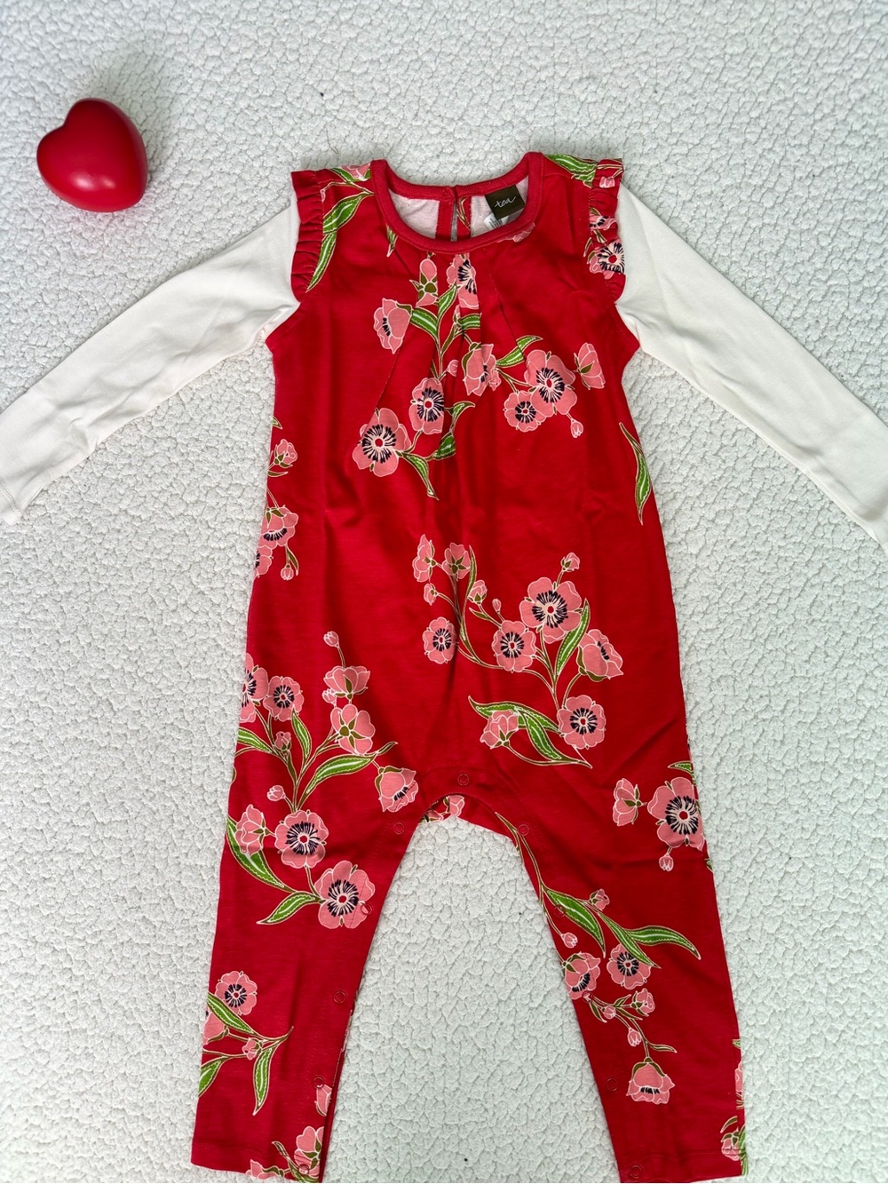 Tea Collection Red Floral Romper with Cream Sleeves